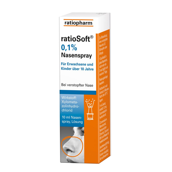Verpackung von ratioSoft 0,1% Nasenspray mit Informationen zur Anwendung bei verstopfter Nase und dem Wirkstoff Xylometazolin.