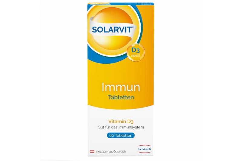solarvit-immun-tabletten.jpg Packung mit Solarvit D3 Tabletten für das Immunsystem in leuchtendem Gelb und Blau.