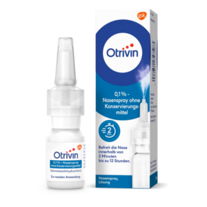Otrivin Nasenspray 0,1% in einer weißen Flasche mit Sprühaufsatz und blauer Verpackung ohne Konservierungsstoffe.
