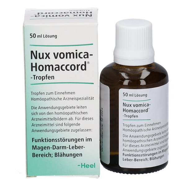 Braune Flasche mit Tropfverschluss für Nux vomica-Homaccord, homöopathische Tropfen, 50 ml, verpackt in einem kartonierten Behälter.