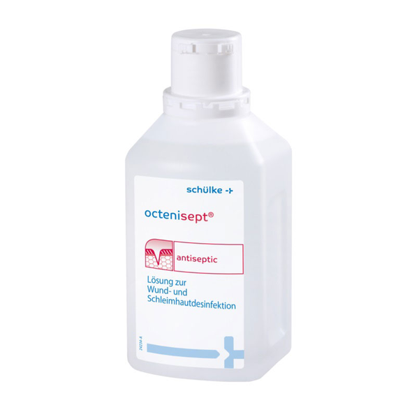 Eine Flasche mit antibakterieller Lösung zur Wund- und Schleimhautdesinfektion, etikettiert mit "octenisept".