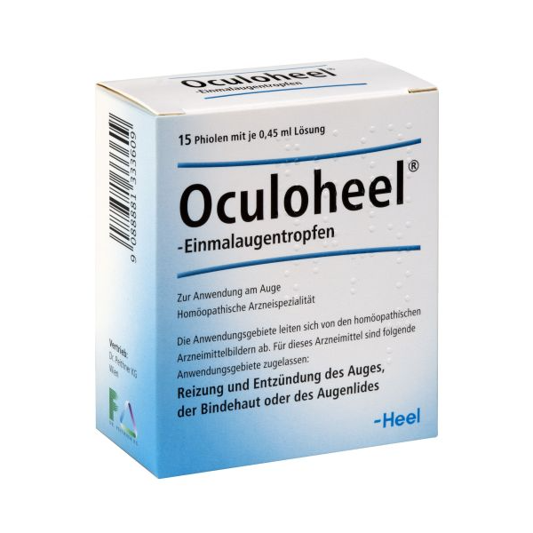 Verpackung von Oculoheel Einmaldosentropfen für die Anwendung am Auge, homöopathisches Arzneimittel, 15 Phialen.