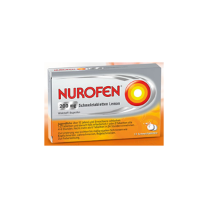 Verpackung von Nurofen Schmelztabletten Lemon, 200 mg Ibuprofen, mit Hinweisen zur Anwendung und Dosierung.