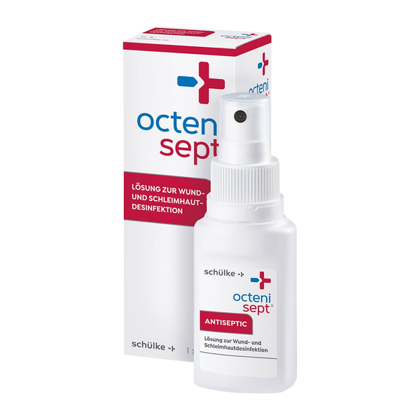 Flasche mit antiseptischer Lösung zur Wund- und Schleimhautdesinfektion, verpackt in Karton.
