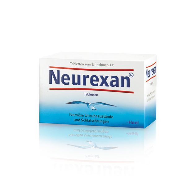 Verpackung der Neurexan Tabletten gegen nervöse Unruhezustände und Schlafstörungen, mit Abbildung einer Möwe.