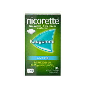 Nicorette Kaugummi mit 2 mg Nikotin, zuckerfrei, in der Geschmacksrichtung Icemint, Verpackung mit grünem Design.