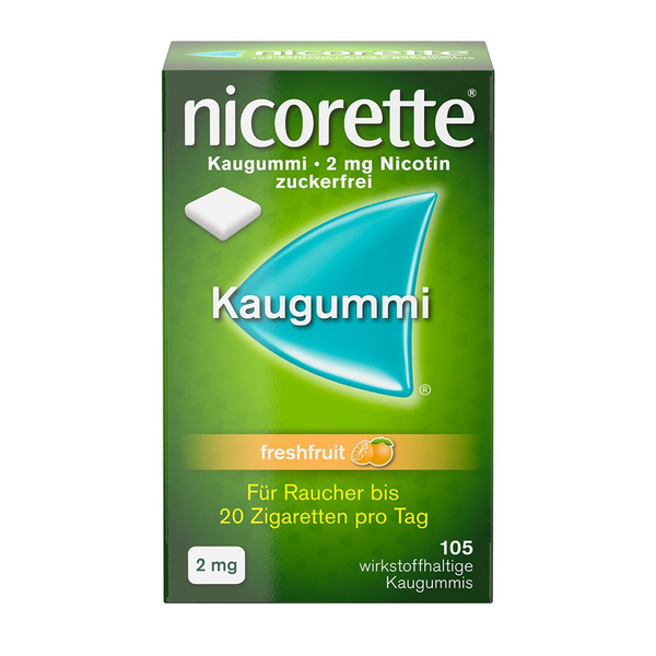 Packung mit Nicorette Kaugummi in fruchtigem Geschmack, 2 mg Nikotin, zuckerfrei, grüne Gestaltung.