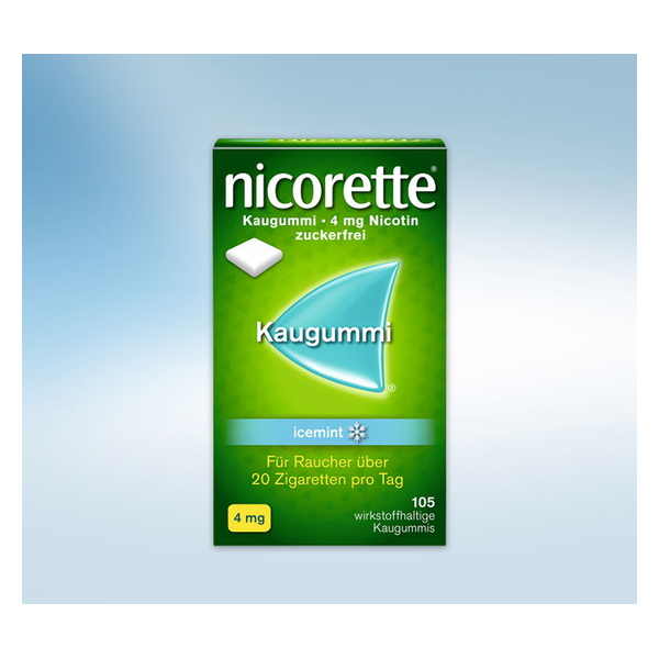 Verpackung von Nicorette Kaugummi mit 4 mg Nikotin, zuckerfrei, Geschmacksrichtung icemint.
