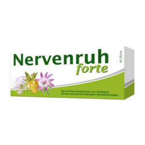 Verpackung von Nerventabletten mit pflanzlichen Zutaten und Hinweisen zur Anwendung bei Stress und Schlafstörungen.