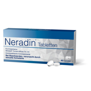 Packung mit Neradin Tabletten zur Behandlung sexueller Schwächen, enthält 40 homöopathische Tabletten.