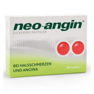 Verpackung von neo-angin zuckerfreien Pastillen mit rotem Design und Hinweis auf Anwendung bei Halsschmerzen.