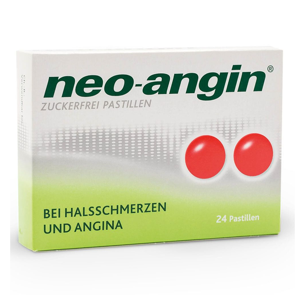 Verpackung von neo-angin zuckerfreien Pastillen mit rotem Design und Hinweis auf Anwendung bei Halsschmerzen.