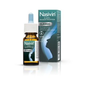 Nasivin Nasentropfen in braunem Glasfläschchen mit Pipette und grüner Verpackung, für Erwachsene und Kinder ab 6 Jahren.