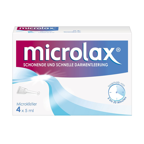 Verpackung von Microlax, einem Produkt zur schnellen und schonenden Darmentleerung, enthält vier Microklistiere à 5 ml.