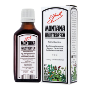Eine braune Flasche mit Montana Haustropfen und einer weißen Verpackung, die pflanzliche Inhaltsstoffe beschreibt.