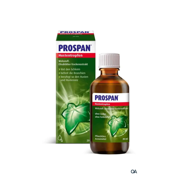 Eine Flasche Prospan Hustentropfen mit einer grünen Verpackung, die Efeublätter zeigt, für pflanzliche Arzneimittel.
