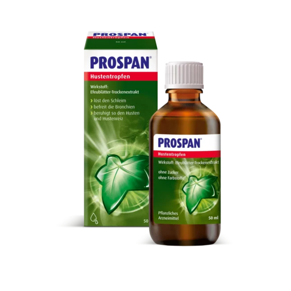 Flasche mit Prospan Hustentropfen und Verpackung, zeigt Efeublätter-Symbol und Wirkstoffe ohne Zucker.