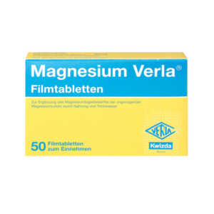 Verpackung von Magnesium Verla Filmtabletten, gelb und blau, mit 50 Tabletten zur Magnesiumergänzung.