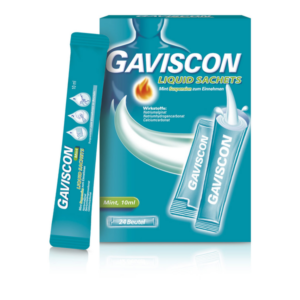 Gaviscon Liquid Sachets in Mintgeschmack, Packung mit 24 Beuteln und Hinweisen zu den Inhaltsstoffen.