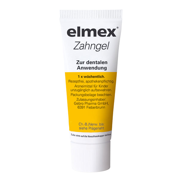 Tube mit elmex Zahngel für die dentale Anwendung, mit gelbem Etikett und apothekenpflichtigen Hinweisen.