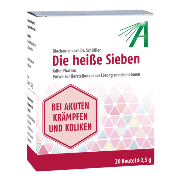 Verpackung von 'Die heiße Sieben', einem pulverförmigen Heilmittel zur Herstellung einer Lösung gegen Krämpfe und Koliken.