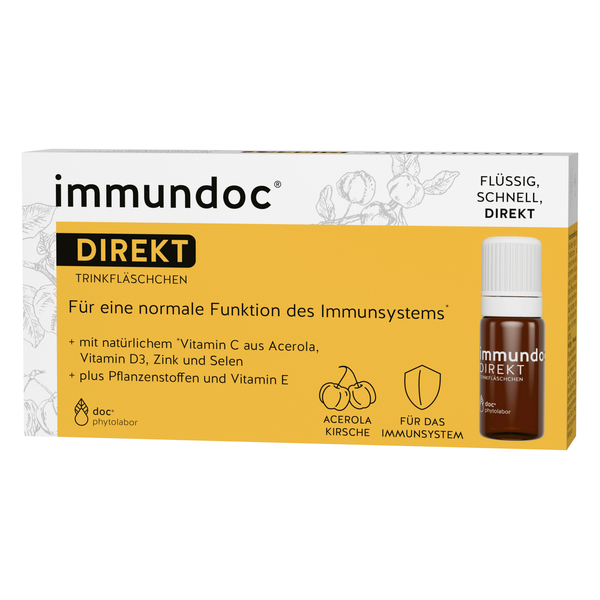 Paket mit Trinkfläschchen für das Immunsystem, enthält Vitamin C aus Acerola und weitere Nährstoffe.