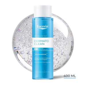 Flasche mit Eucerin Dermato Clean, 3-in-1 Mizellen-Reinigungsfluid für empfindliche Haut, Inhalt 400 ml.