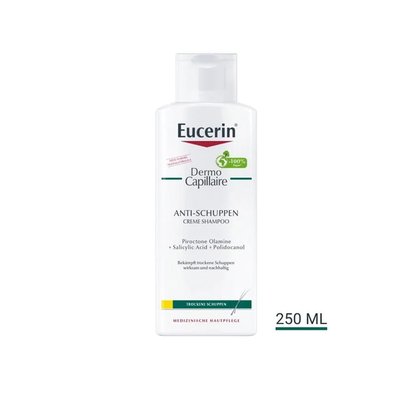 Eucerin Dermo Capillaire Anti-Schuppen Creme Shampoo in einer weißen Flasche mit grünem Deckel, 250 ml.