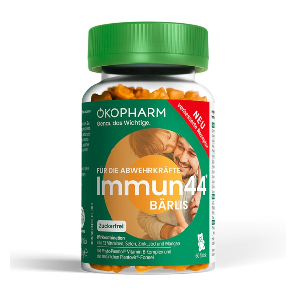 Transparente Flasche mit orangefarbenen Bärchenvitaminen namens Immun44 von ÖKOPHARM, zielgerichtet zur Unterstützung der Abwehrkräfte.