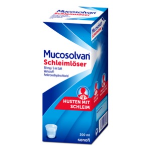 Mucosolvan Schleimlöser in einer blauen Verpackung mit rotem Schriftzug, enthält 200 ml Saft zur Schleimlösung.