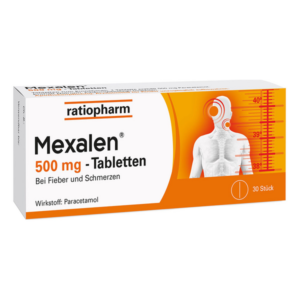 Verpackung von Mexalen 500 mg-Tabletten zur Linderung von Fieber und Schmerzen mit abgebildetem menschlichen Körper und Fieberanzeige.