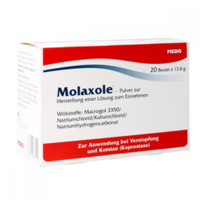 Verpackung von Molaxole, einem Pulver zur Herstellung einer Lösung gegen Verstopfung, mit Inhaltsstoffen aufgeführt.