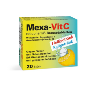 Verpackung von Mexa-Vit C Brausetabletten mit Zitrone und Hinweisen auf Heiße und Kalte Getränke.