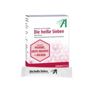 Verpackung von 'Die heiße Sieben' von Adler Pharma, Pulver zur Herstellung einer Lösung gegen Migräne und Krämpfe.