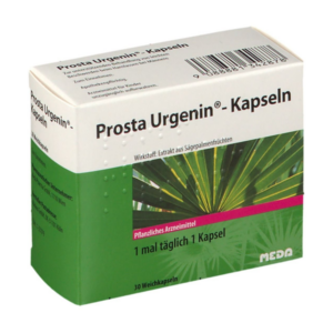 Verpackung von Prosta Urgenin-Kapseln, ein pflanzliches Arzneimittel mit Sägepalmenextrakt.