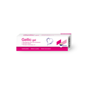 Verpackung von Gellic Gel, beruhigendes Gel für den Intimbereich, in einer Box mit pinkem Design.