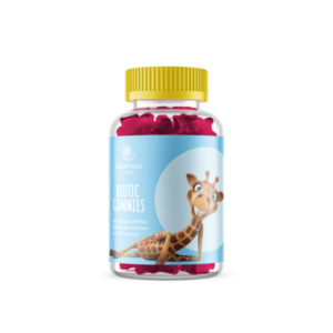 Transparenter Behälter mit gumartigen Biotika in Rosa und gelbem Deckel, Giraffe als grafisches Element.