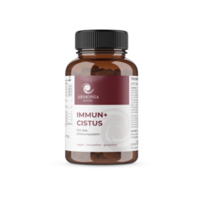 Braune Flasche mit Kapseln, beschriftet mit "IMMUN+ CISTUS" für das Immunsystem, vegan und glutenfrei.