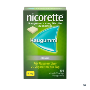 Packung mit Nicorette Kaugummi, 4 mg Nikotin, zuckerfrei, grüne Oberfläche mit blauer Kaugummiform.