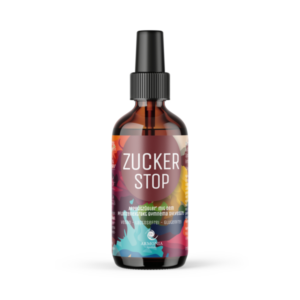 Braune Glasflasche mit schwarzem Sprühkopf und buntem Etikett, die "Zucker Stop" anbietet.