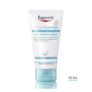 Eucerin Atopi Control Hand Intensiv-Creme in einer weißen Tube mit blauen Akzenten. Für sehr trockene Haut geeignet.