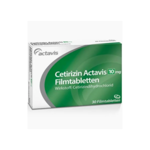 Packung von Cetirizin Actavis mit 10 mg Filmtabletten, enthält 30 Tabletten zur allergischen Behandlung.
