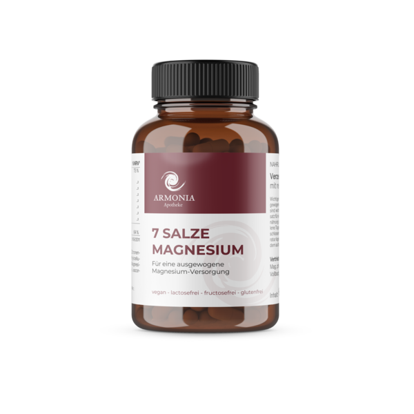 Braune Tablettenflasche mit schwarzem Deckel, beschriftet mit "7 Salze Magnesium" und veganen Inhaltsstoffen.
