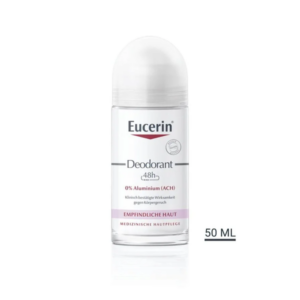 Eucerin Deodorant für empfindliche Haut, 48 Stunden Wirksamkeit, 0% Aluminium, in transparenter Roll-on-Flasche, 50 ml.