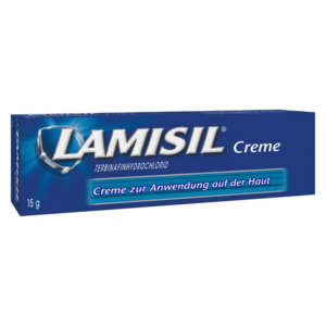 LAMISIL Creme für die Haut, enthält Terbinafinhydrochlorid, in blauer Verpackung mit weißem Text.