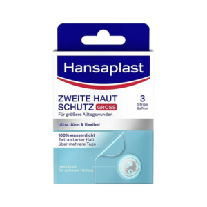 Verpackung von Hansaplast Zweite Haut Schutz, große Pflaster für Alltagswunden, wasser- und flexibler Halt.