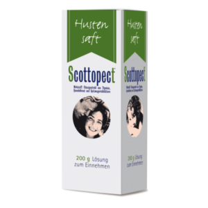 Verpackung eines Hustensafts namens Scottopect mit einem Bild von einer lächelnden Person auf der Vorderseite.