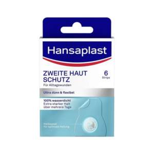 Packung mit Hansaplast Zweite Haut Schutz für Alltagswunden, wasserfest und flexibel, enthält 6 Strips.