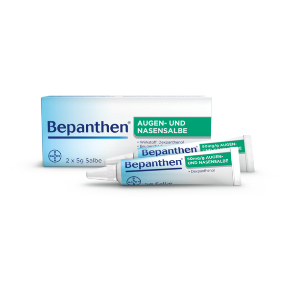 Verpackung mit zwei Tuben Bepanthen Augen- und Nasensalbe, jeweils 5g, mit grünem und blauem Etikett.