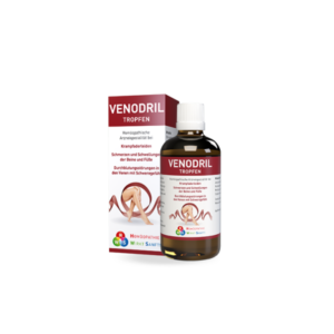 Flasche mit homöopathischen Tropfen gegen Krampfaderleiden, verpackt in einer farbigen Schachtel mit Beinabbildung.